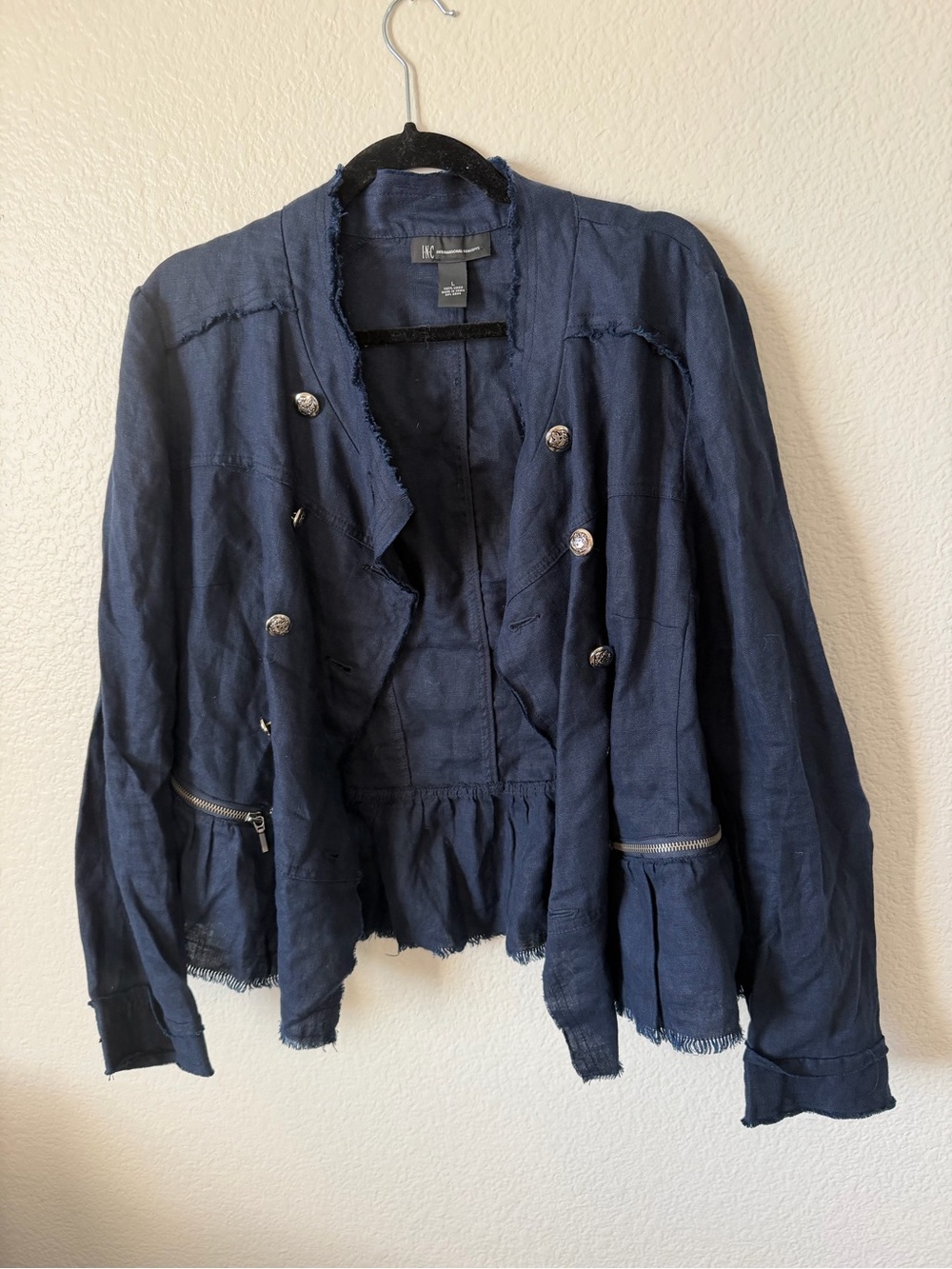INC International Concepts Navy Double-Breasted Frayed Peplum Jacket